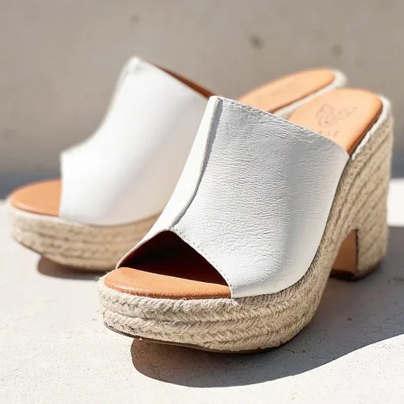 NEW White Faux Leather Espadrille Chunky Platform Wedge Slip On Slides Sandals - Picture 3 of 15